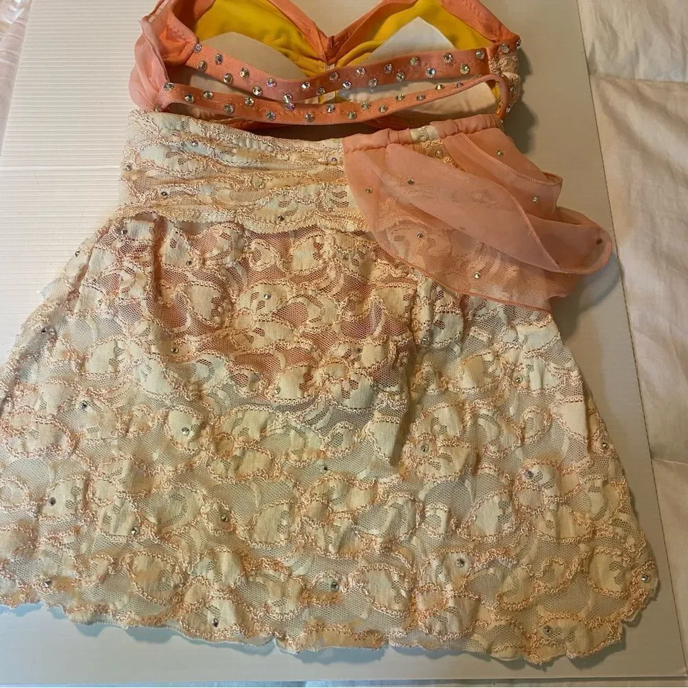 Custom made dance costume blush peach lace rhinestone 2 piece child IC/MC medium
